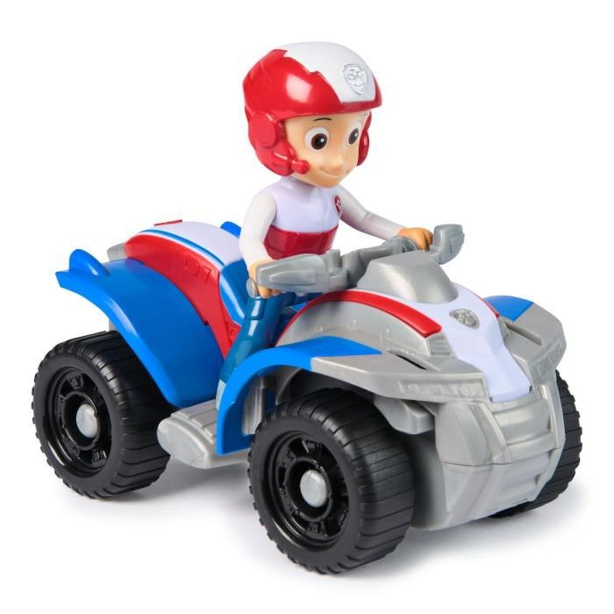 Figura de juguete con casco rojo y blanco monta un ATV azul, rojo y plateado.