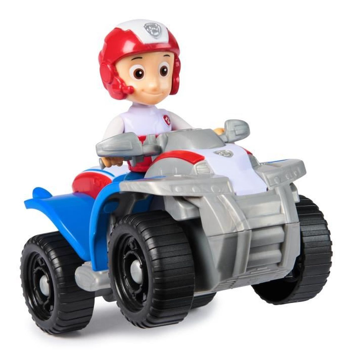 Una figura de juguete con casco rojo monta un ATV azul y plateado con ruedas negras.