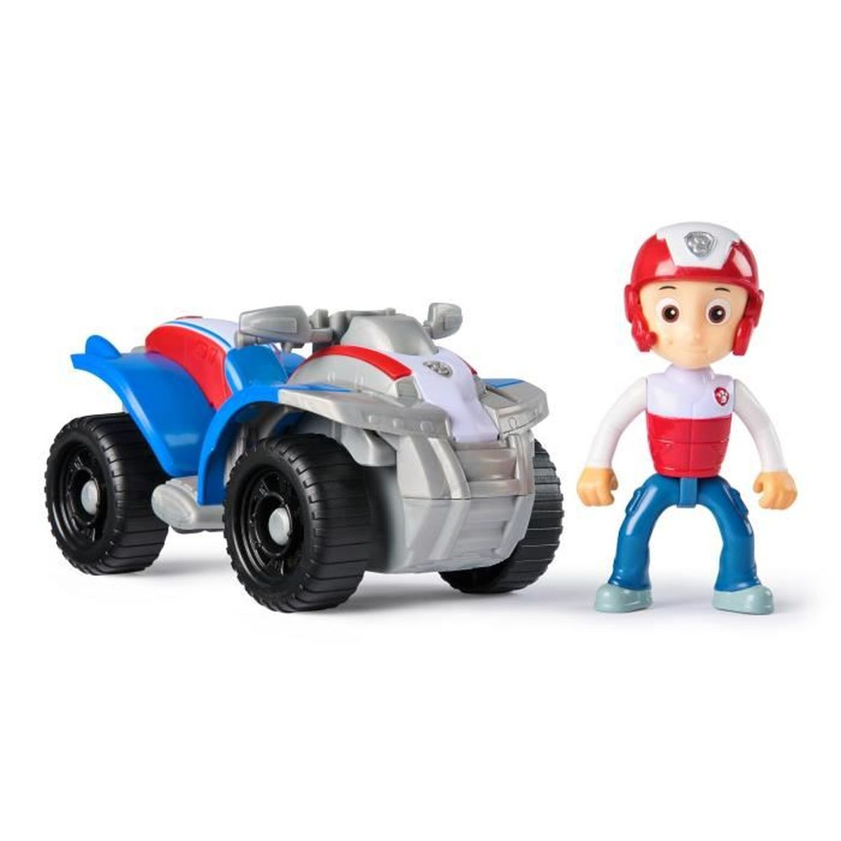 Un quad de juguete azul, rojo y plateado junto a una figura con casco rojo.