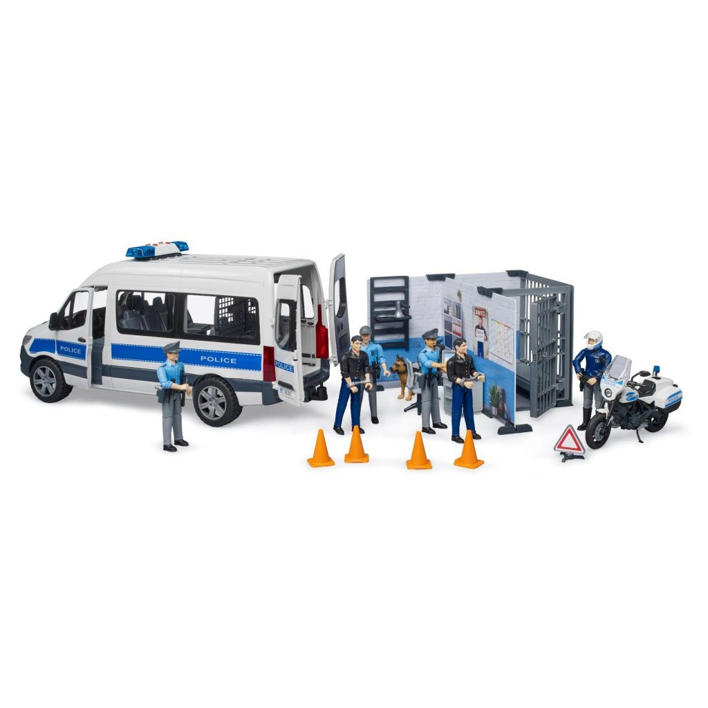 Spielzeugpolizisten, Polizeibus, Gefängniszelle und Motorrad auf weißem Grund.