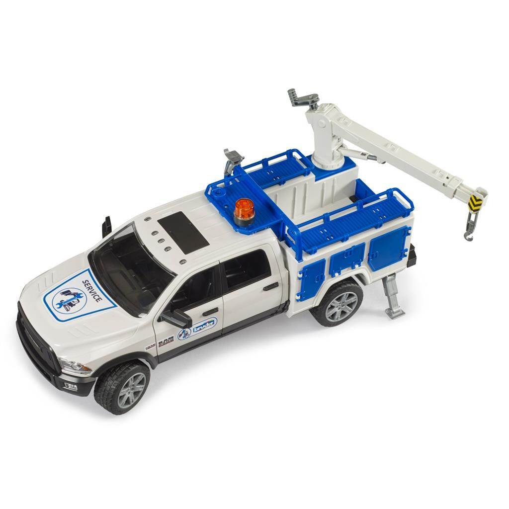 Weißer Pritschenwagen mit blauer Ladefläche und Kran, Spielzeug.