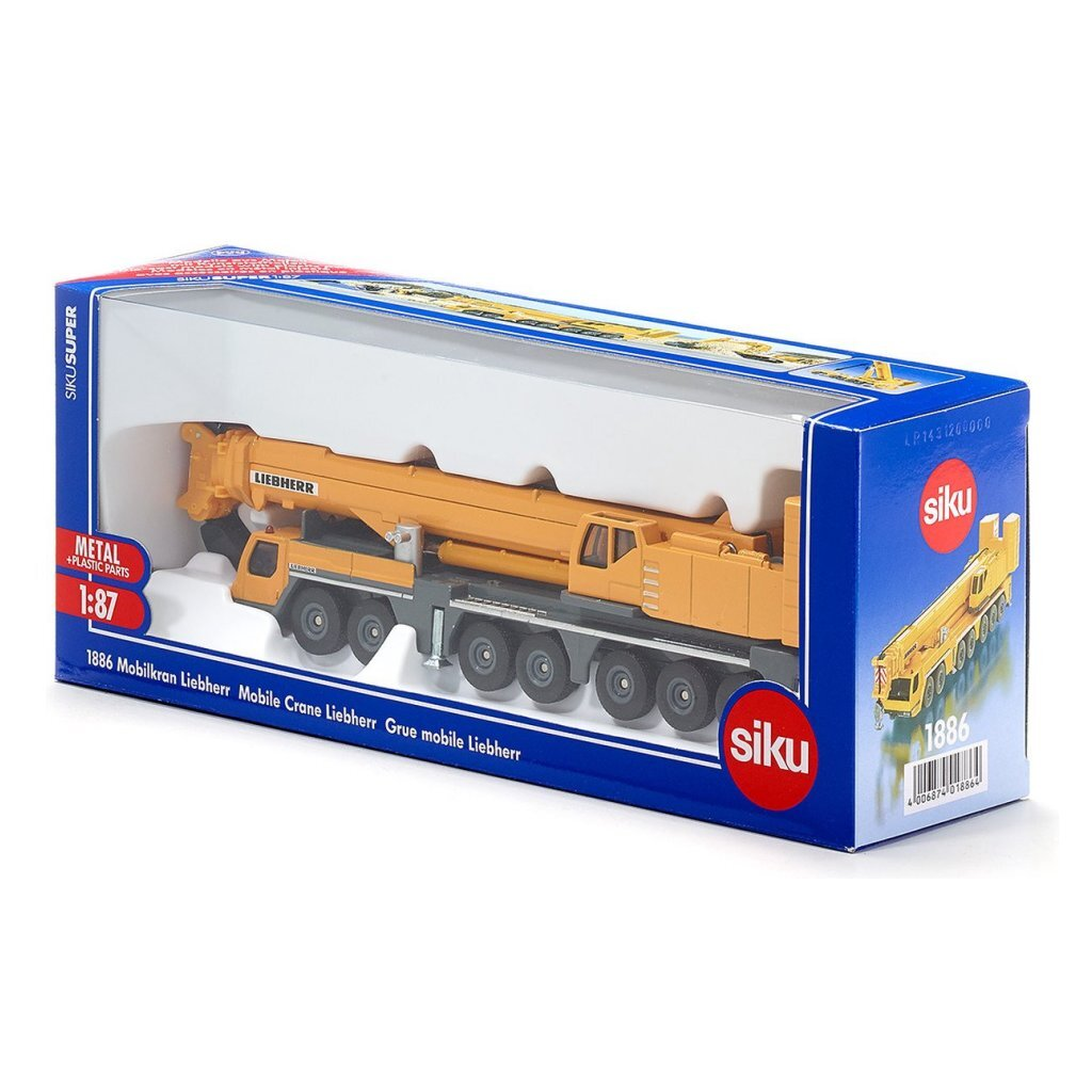 Ein gelber Siku Liebherr Mobilkran Spielzeug in einer Verpackung.