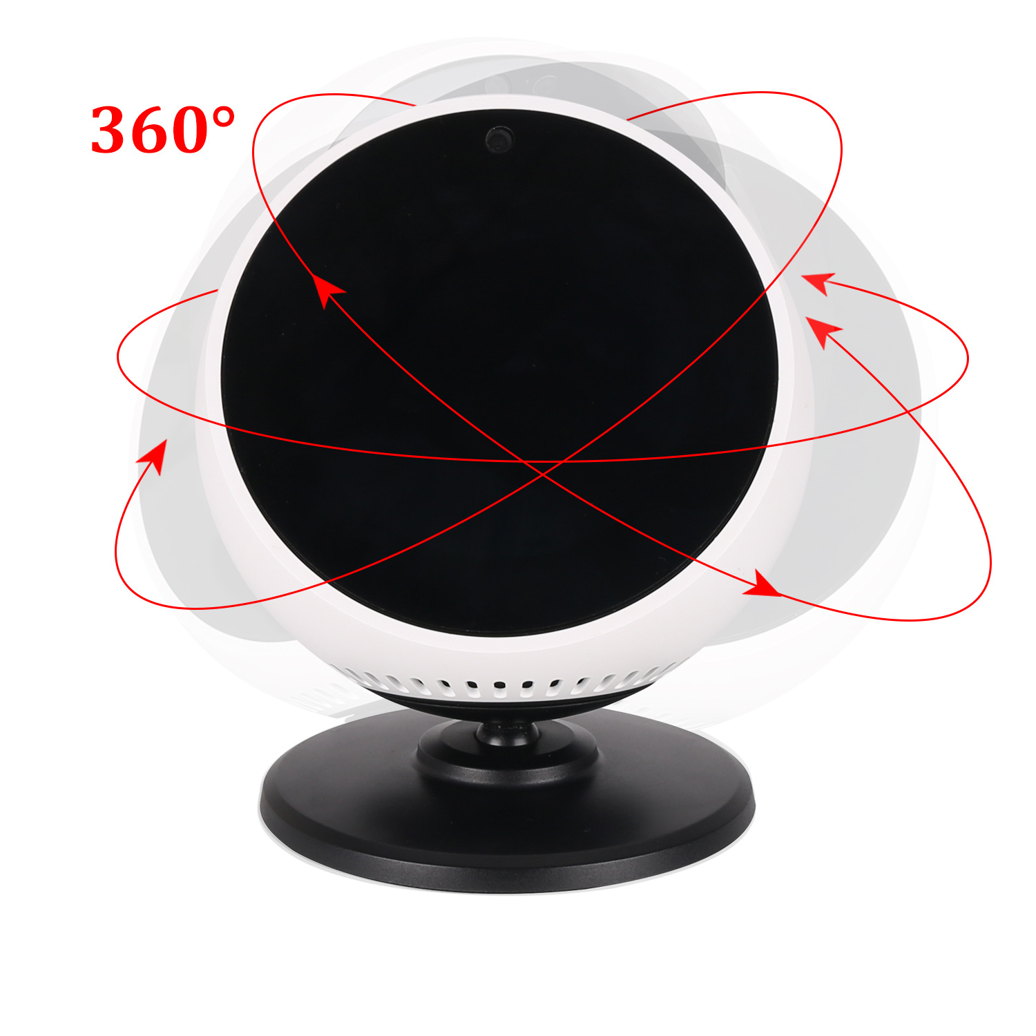 Białe urządzenie z czarnym ekranem, obracające się o 360 stopni.