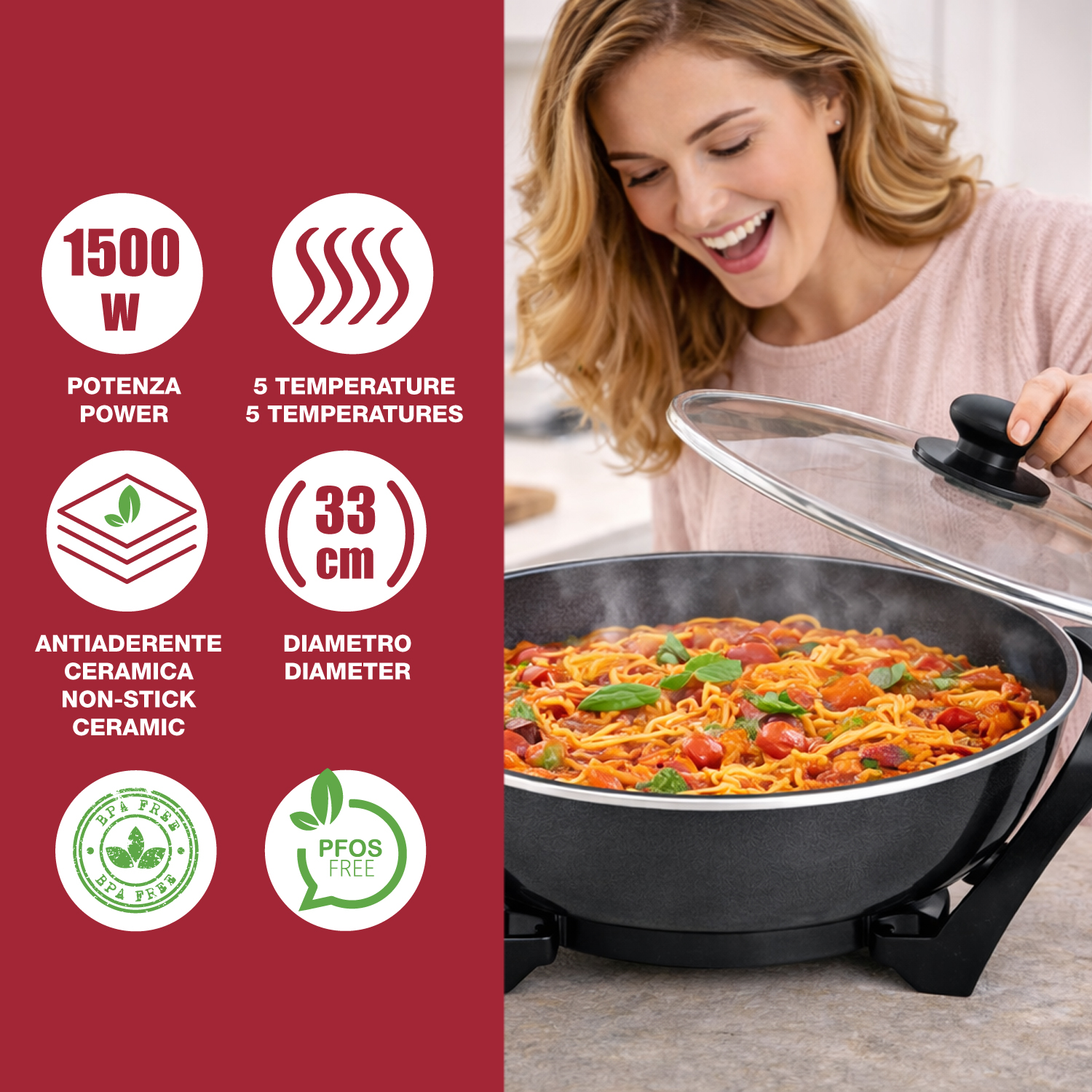 Una donna cucina pasta in una padella da 1500W con 5 temperature e diametro 33cm.