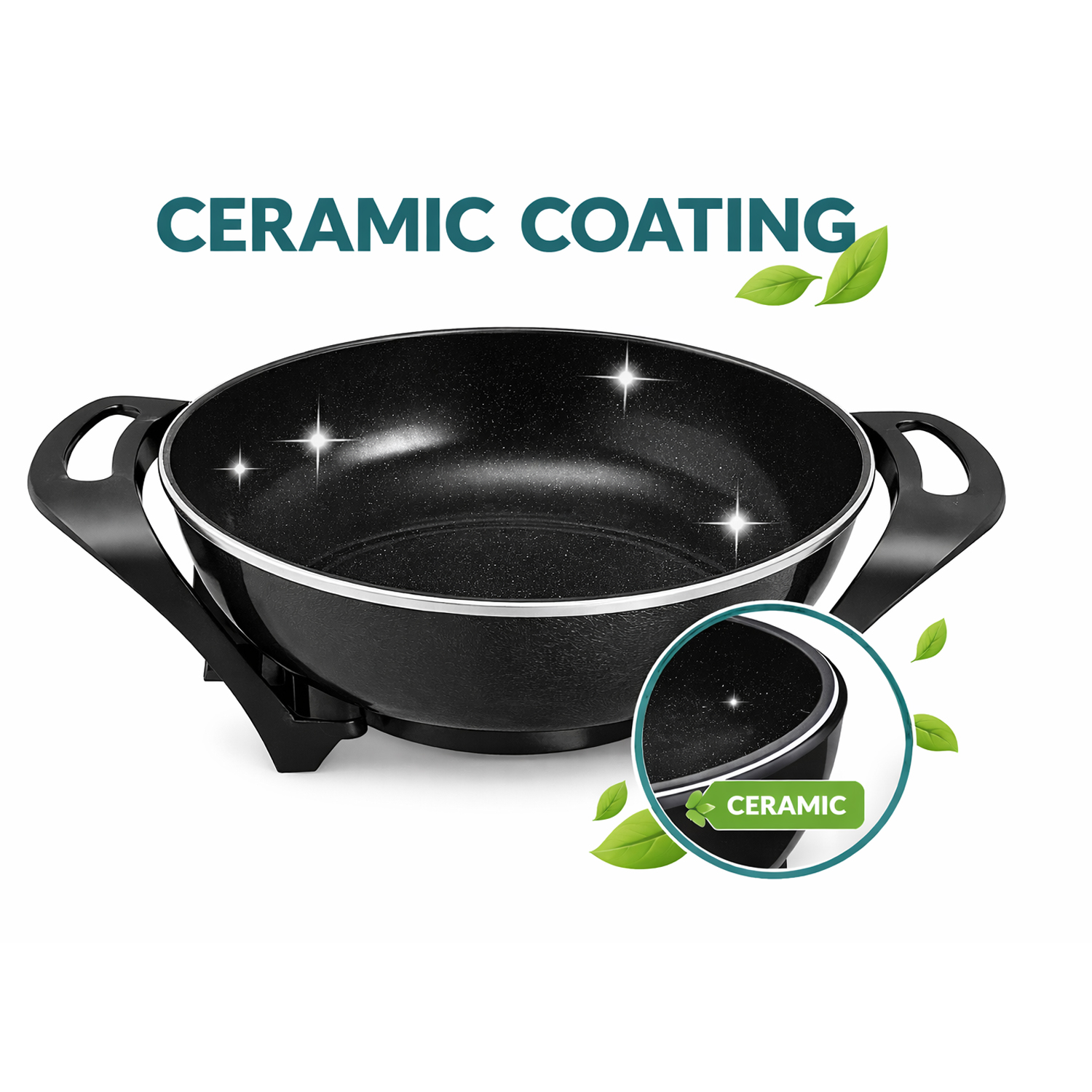 Padella nera con rivestimento ceramico, manici ed effetti scintillanti.