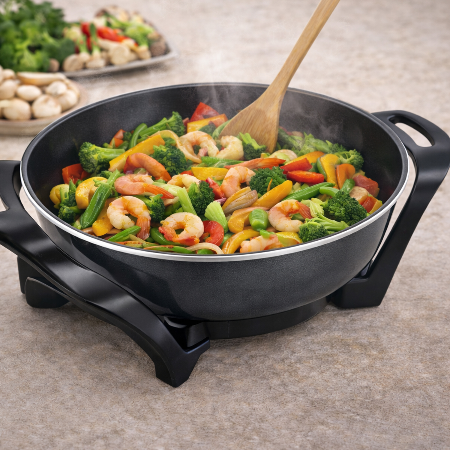 Gamberi e verdure vengono saltati in padella con un cucchiaio di legno.