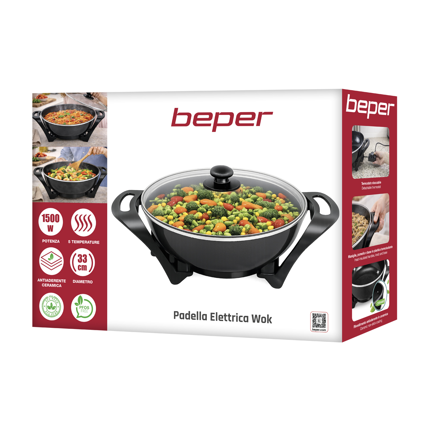 Padella wok elettrica Beper con coperchio in vetro, piena di verdure. 1500W, 5 temp, 33cm.