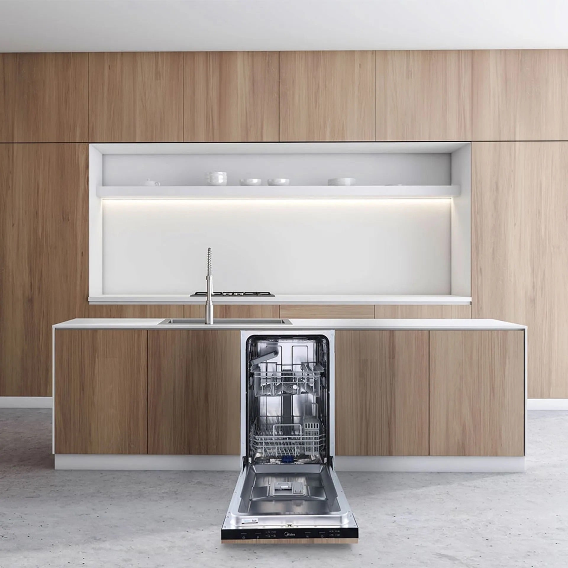 Moderne keuken met houten kasten en een open vaatwasser.
