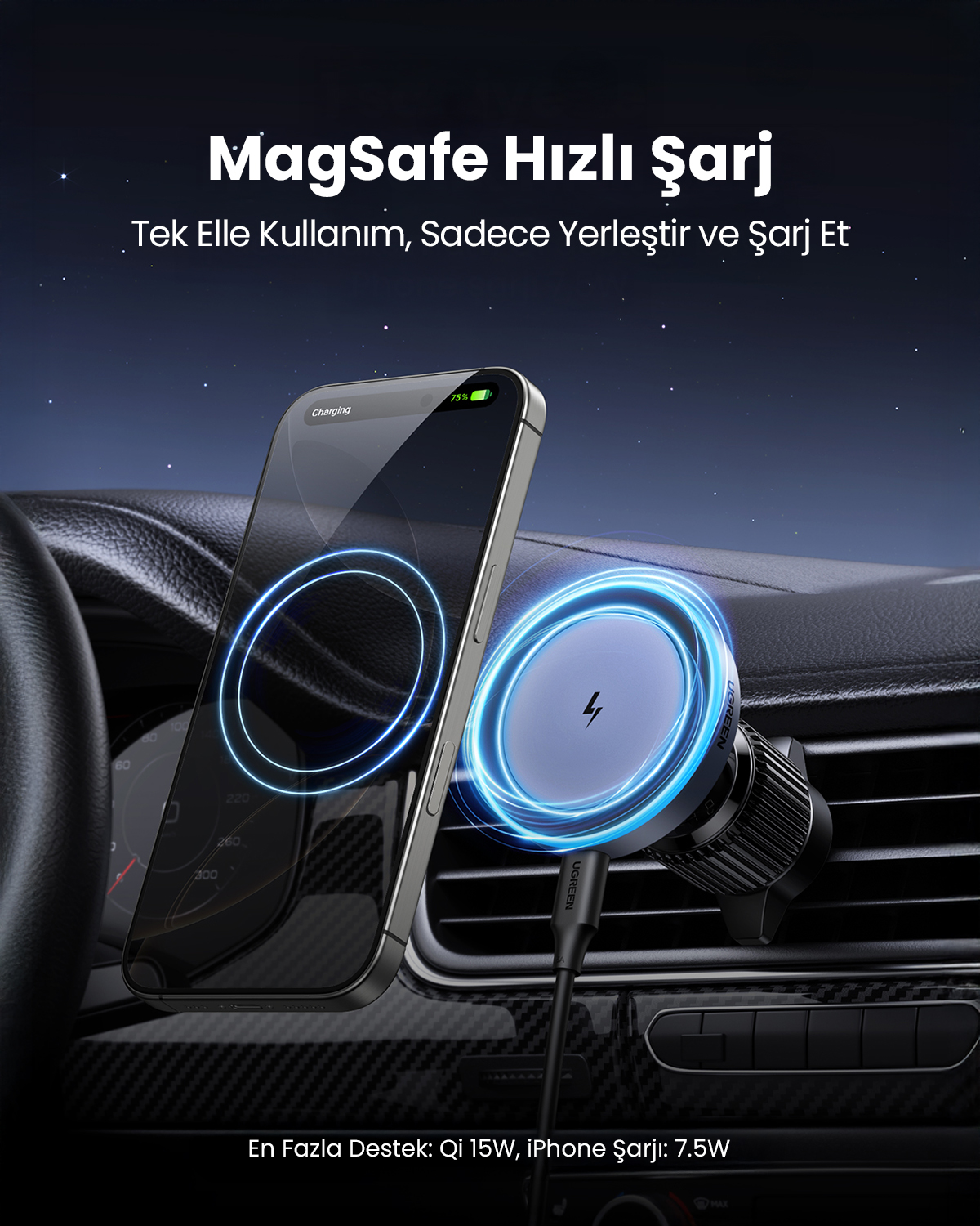 iPhone, MagSafe özellikli araç tutucusunda şarj oluyor, gösterge paneli arkada.