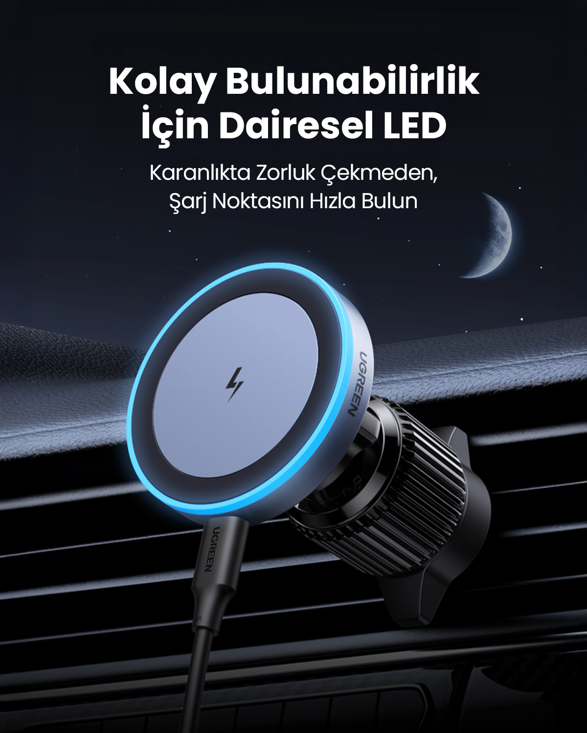 Karanlıkta parlayan mavi ışıklı dairesel LED araç şarj cihazı.