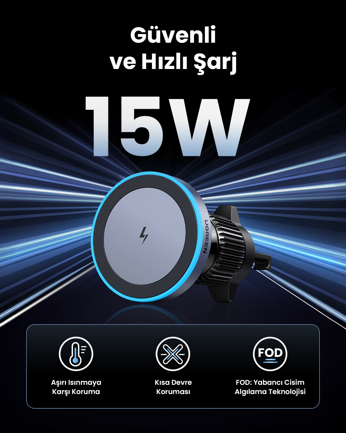 Mavi ışık halkalı ve havalandırma delikli gri 15W kablosuz şarj cihazı.