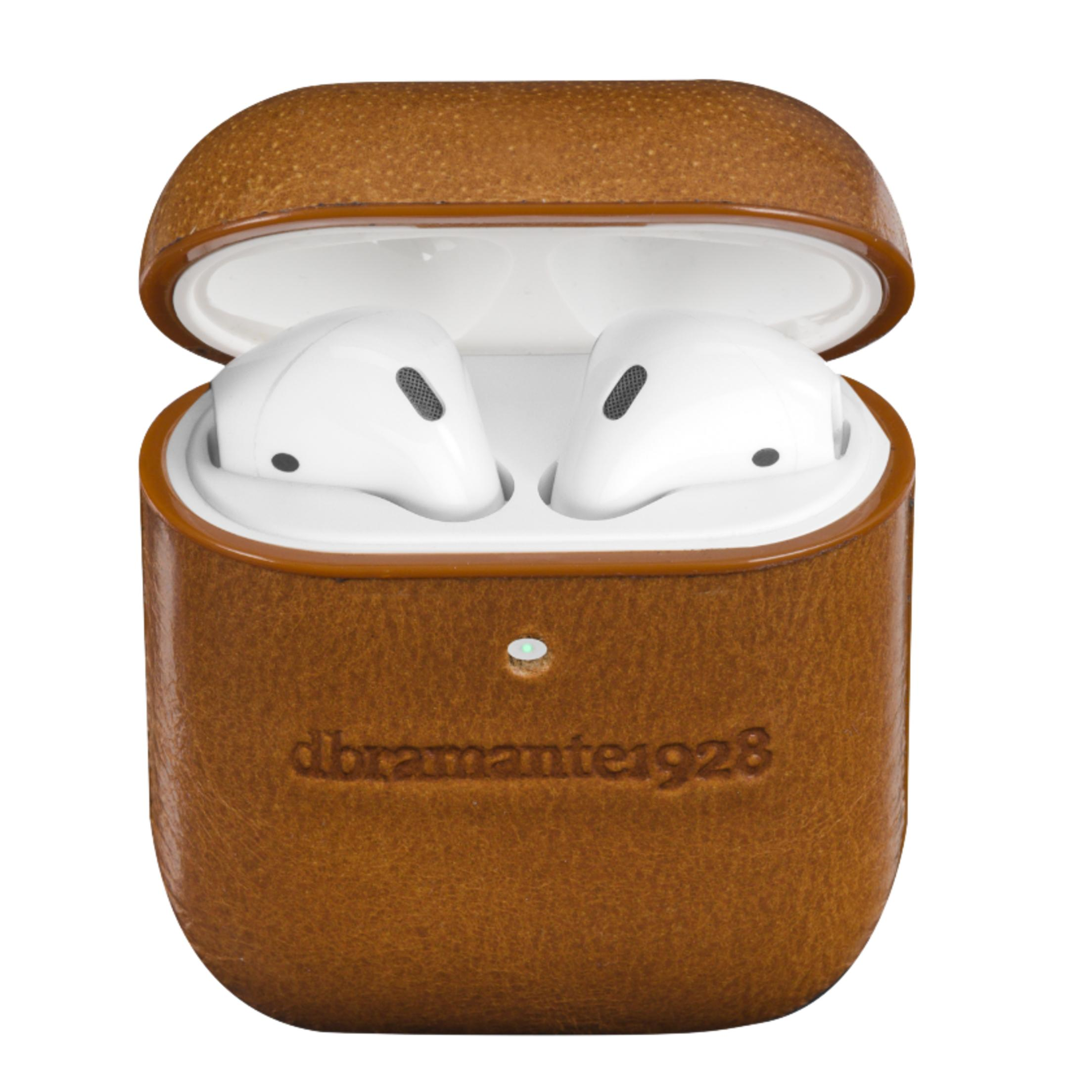 Custodia in pelle marrone per auricolari wireless bianchi con custodia di ricarica.