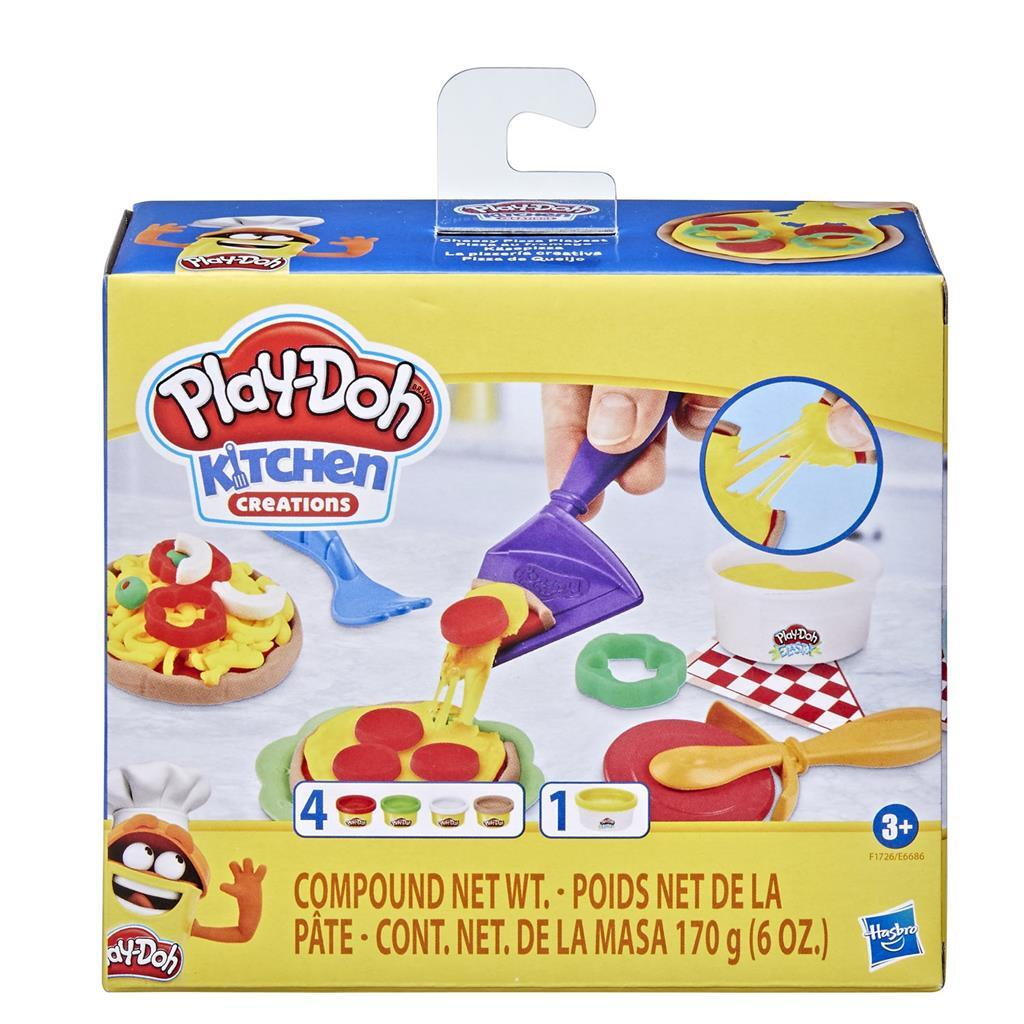 Set pizza Play-Doh Kitchen Creations con attrezzi e pasta rossa, verde, marrone, gialla.