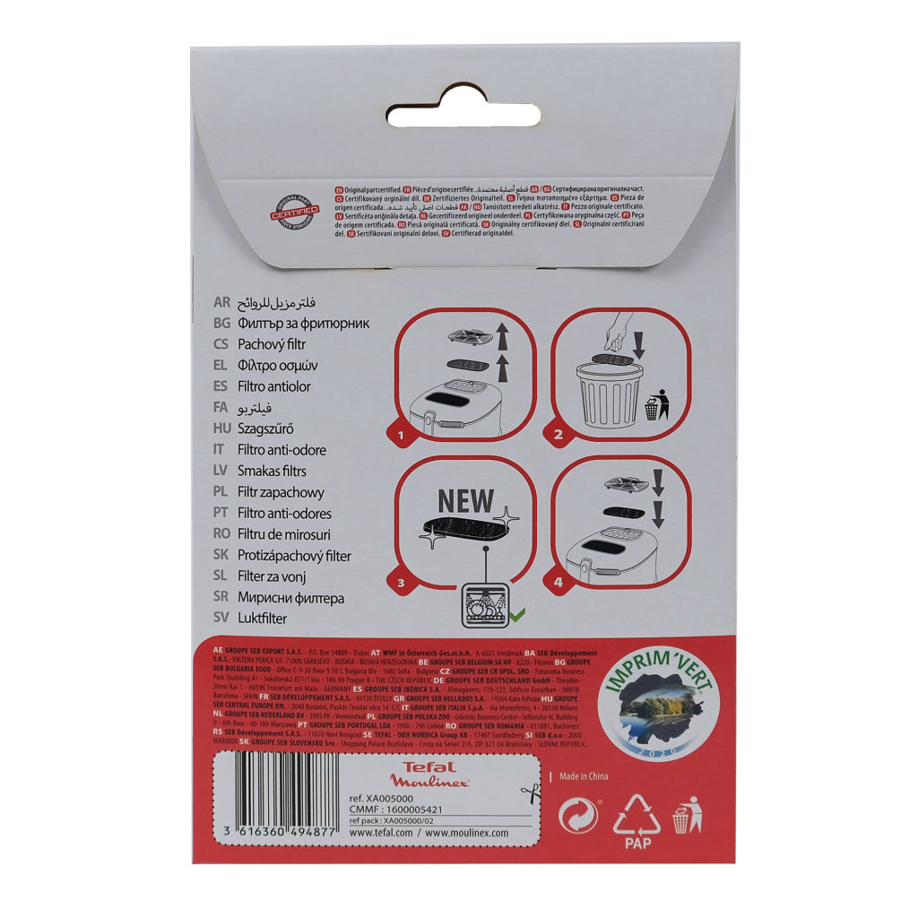 Verpackung mit Anweisungen für einen Geruchsfilter mit vier Schritten und Logo.
