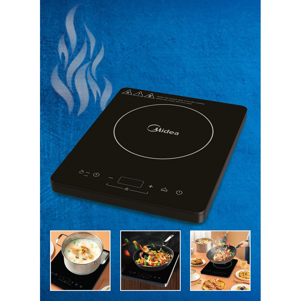 Een Midea inductiekookplaat met kooksymbolen en drie kleinere afbeeldingen van voedsel.