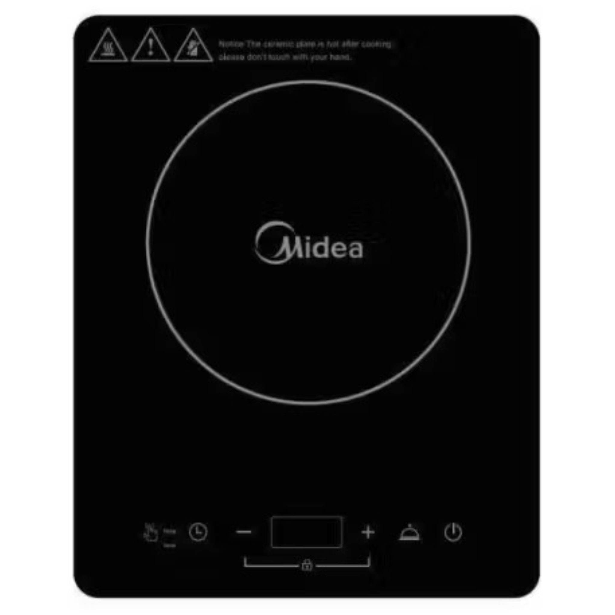 Zwarte inductiekookplaat met Midea-logo en bedieningspaneel.
