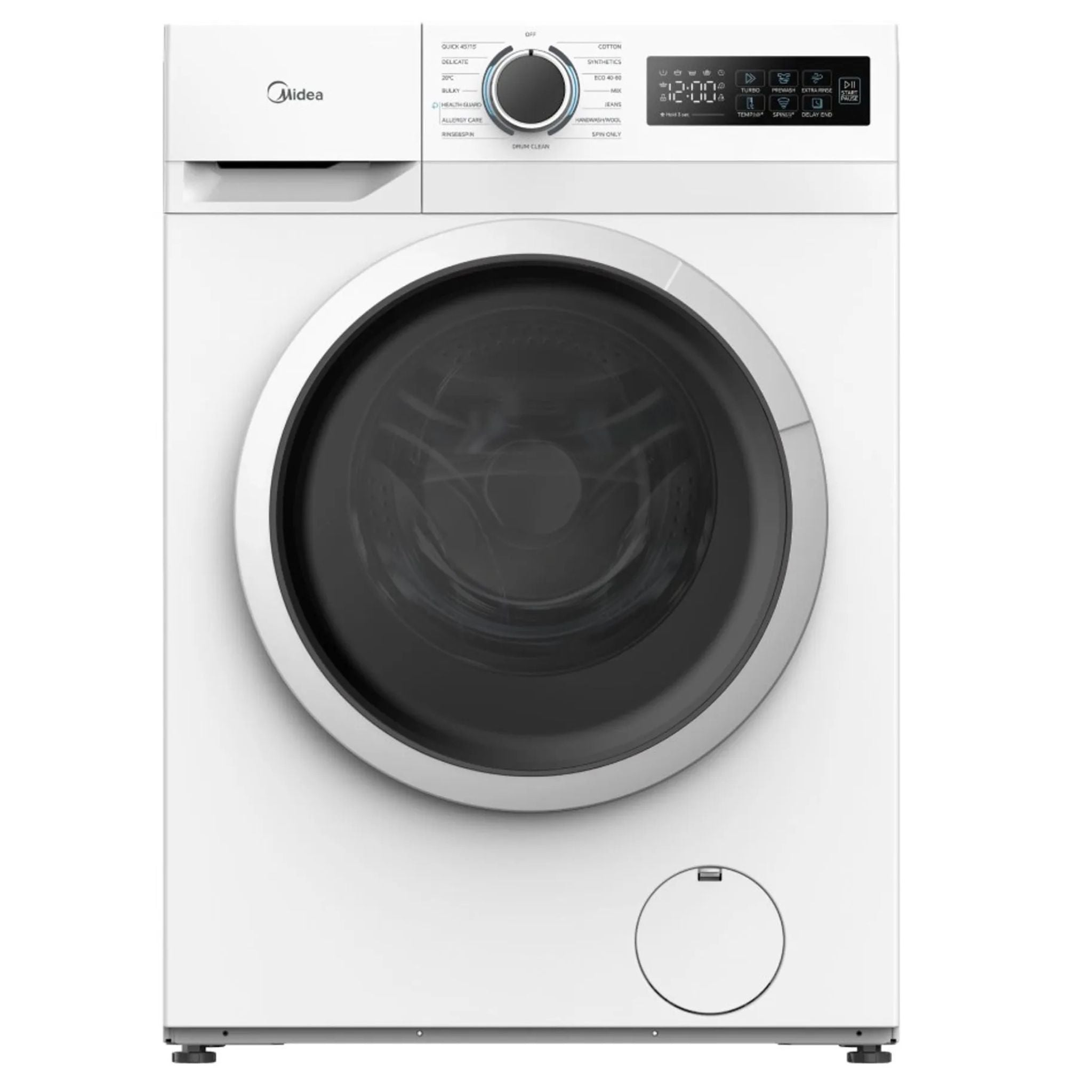Une machine à laver Midea blanche avec porte noire et panneau de commande numérique.