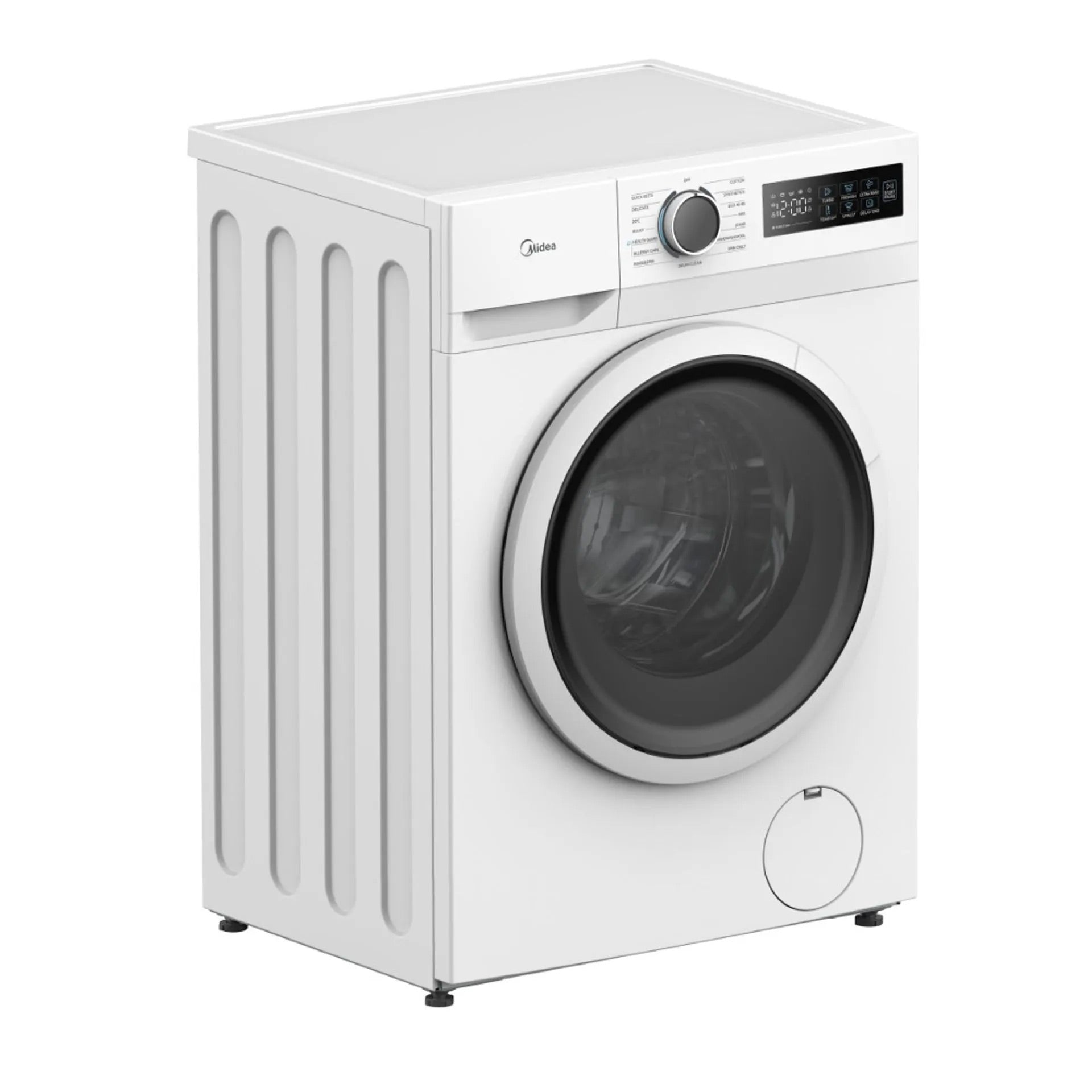 Une machine à laver blanche avec écran numérique et porte ronde.