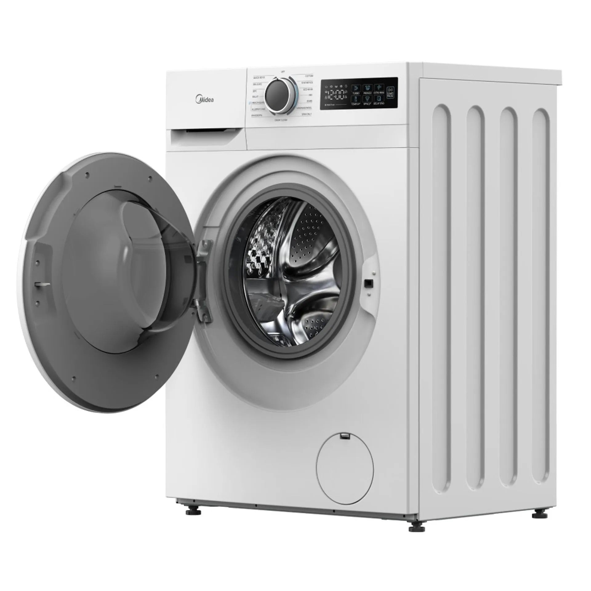 Une machine à laver blanche, porte ouverte, révélant un tambour argenté.