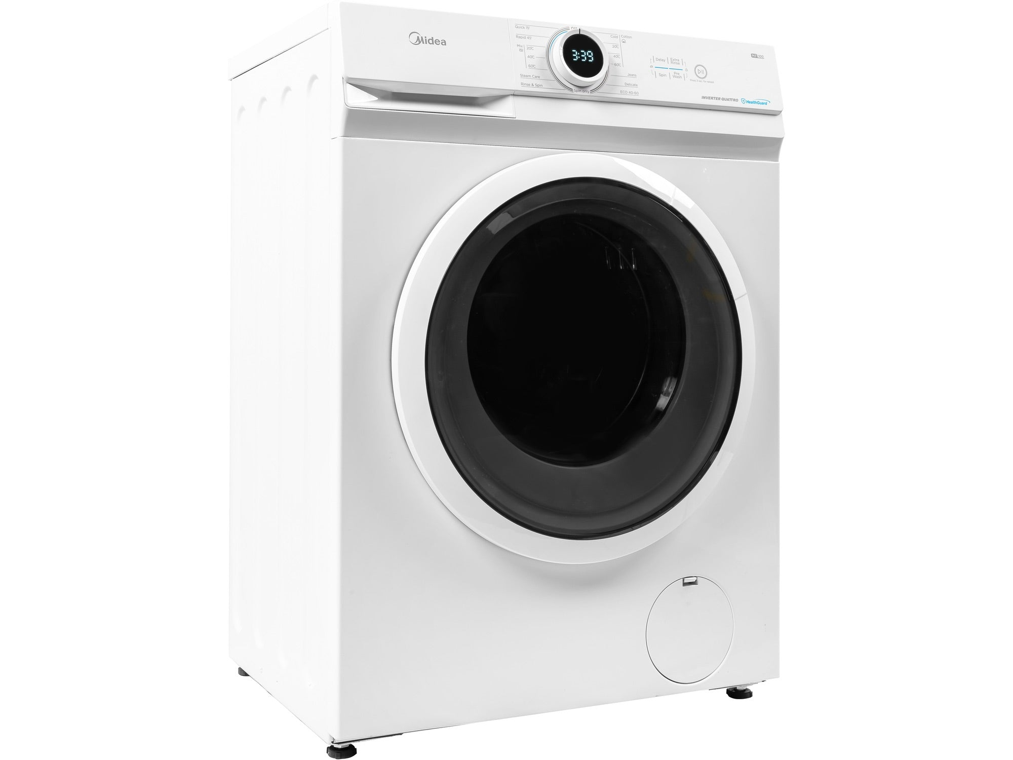 Une machine à laver Midea blanche avec une porte ronde noire et un panneau de contrôle.