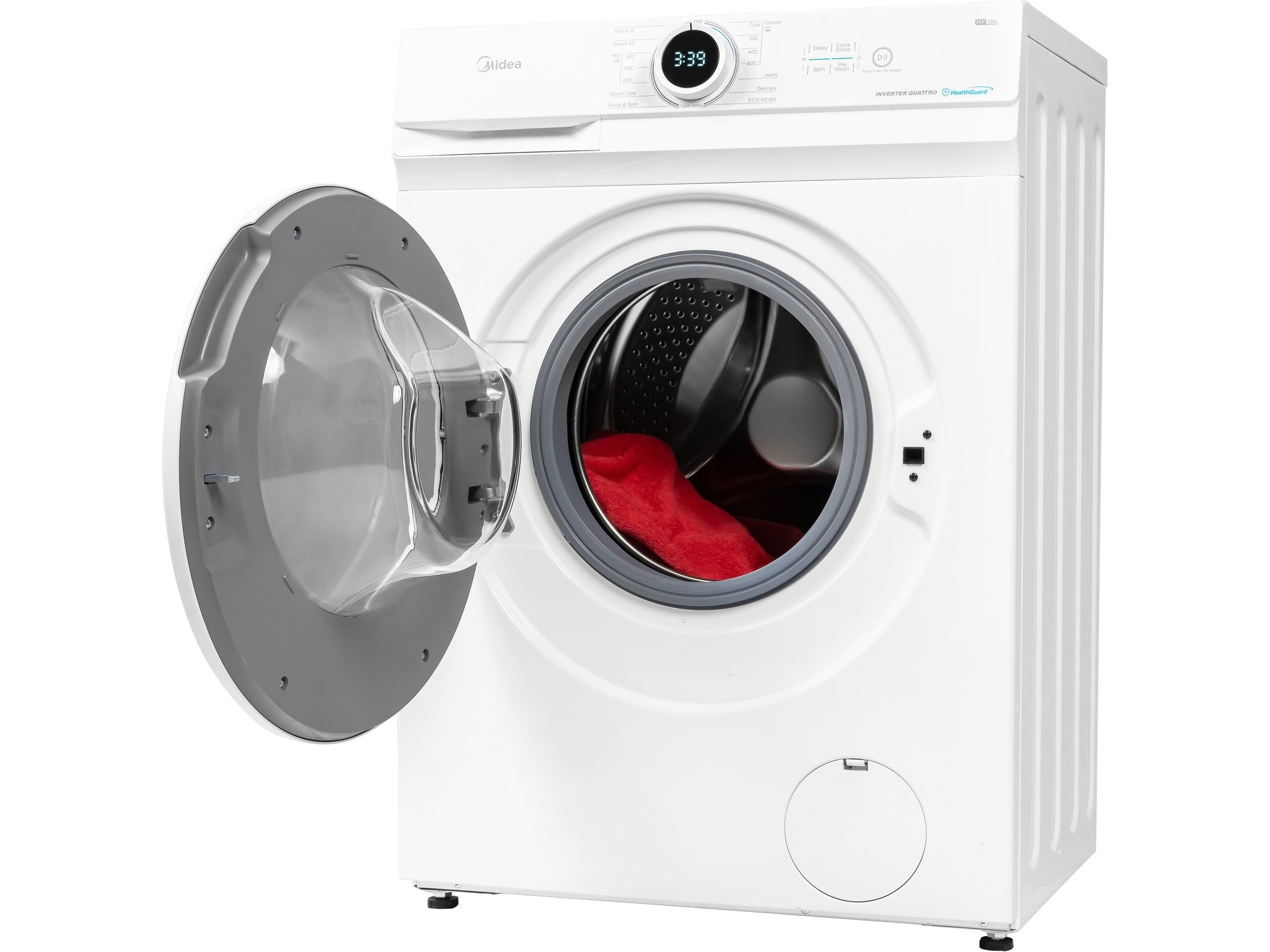 Lave-linge Midea blanc avec porte ouverte et tissu rouge à l'intérieur.