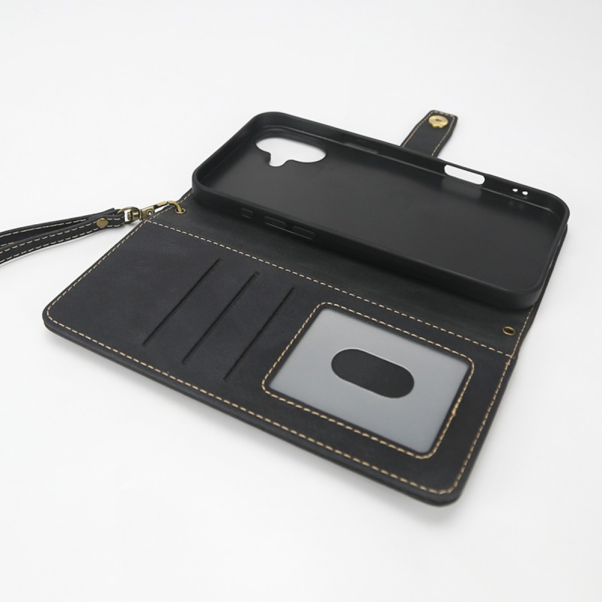 Custodia a portafoglio in pelle nera aperta, con scomparti per carte e porta telefono.