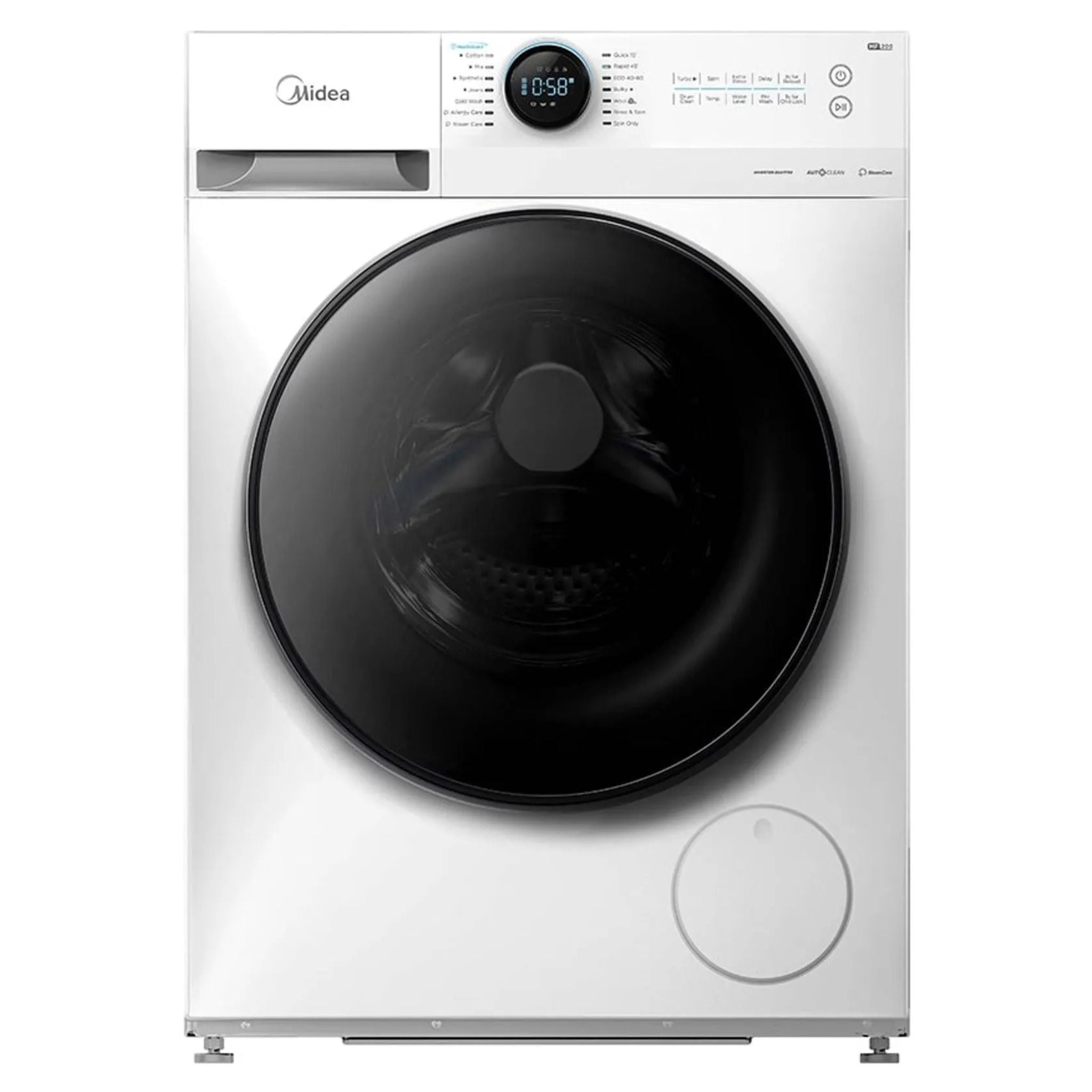 Une machine à laver Midea blanche avec une porte ronde noire et un écran numérique.