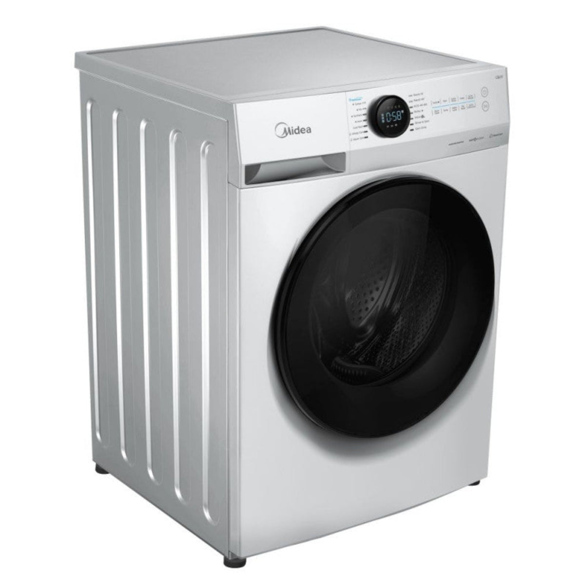 Une machine à laver Midea blanche avec porte noire et écran numérique.