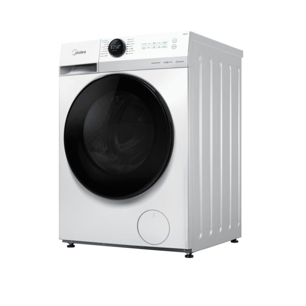Une machine à laver blanche avec une porte noire et un écran numérique.