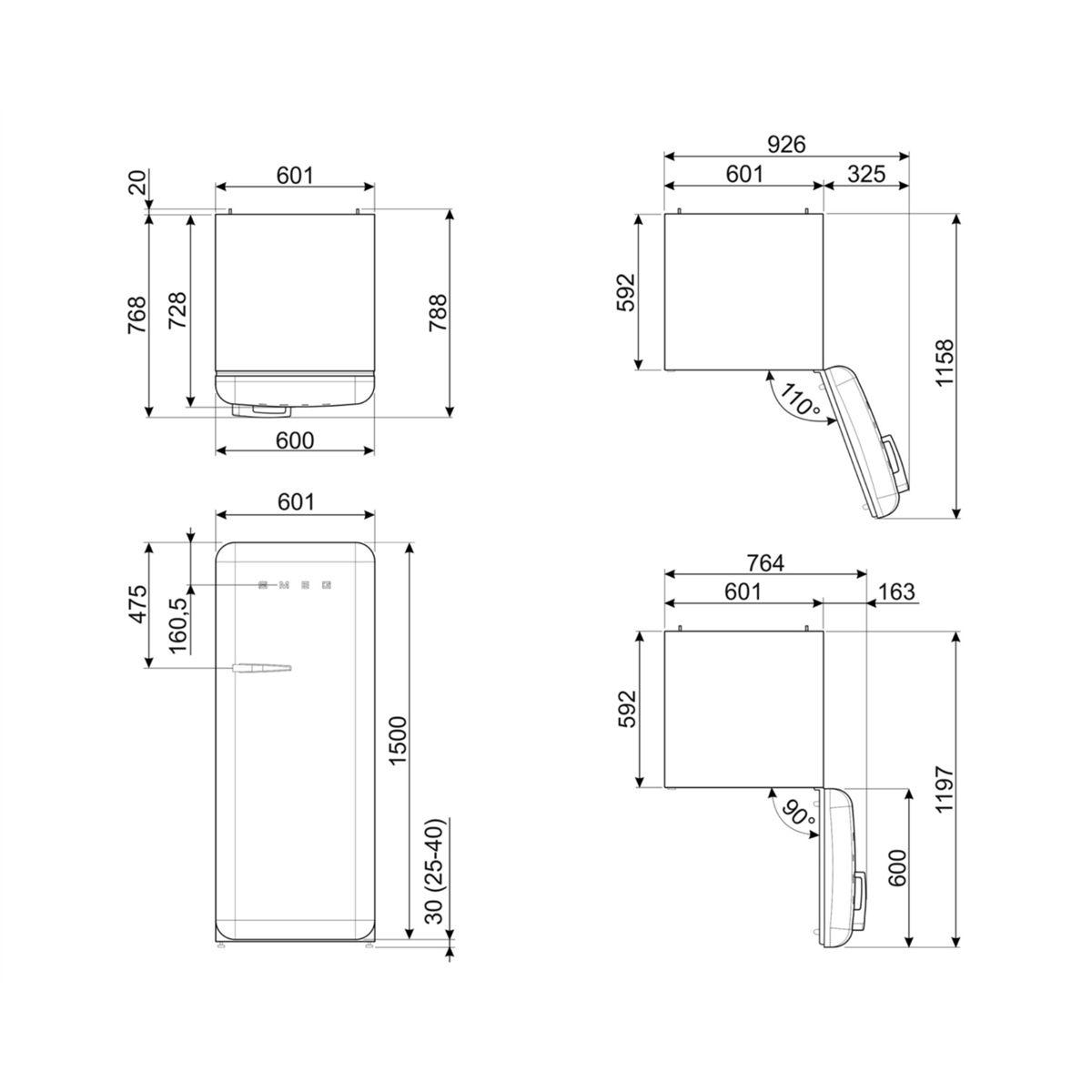 Disegno tecnico di un frigorifero con dimensioni.