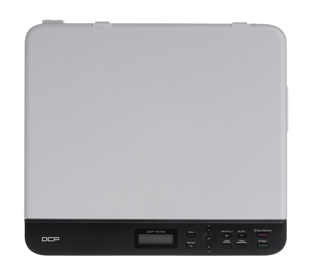 Une imprimante blanche DCP-1510E avec panneau de commande et boutons noirs.