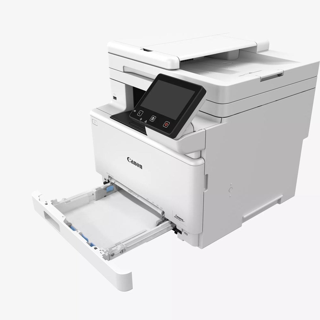 Een witte Canon printer met uitgeschoven papierlade en touchscreen.