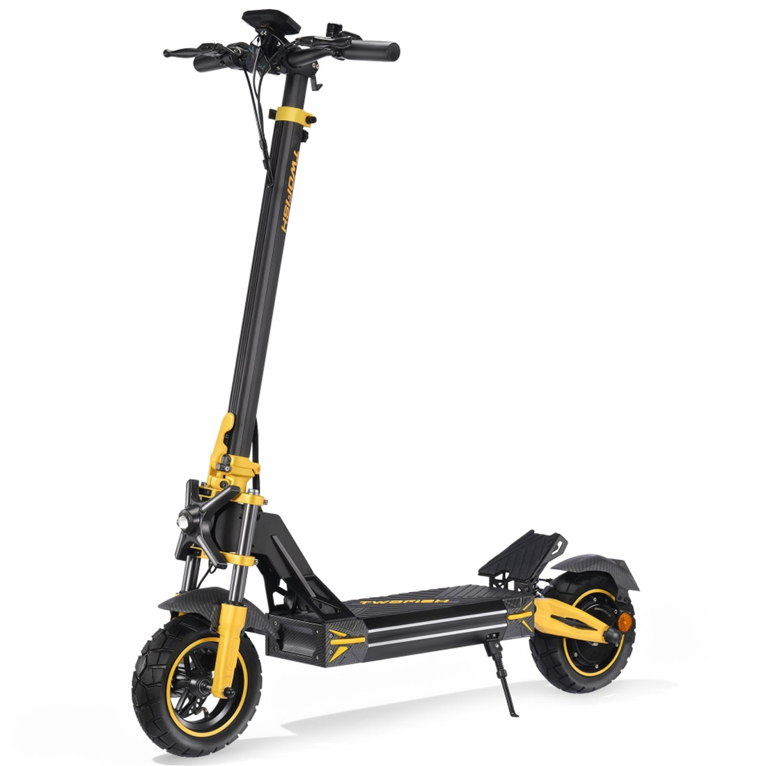 Uno scooter elettrico nero con accenti gialli è sul suo cavalletto.