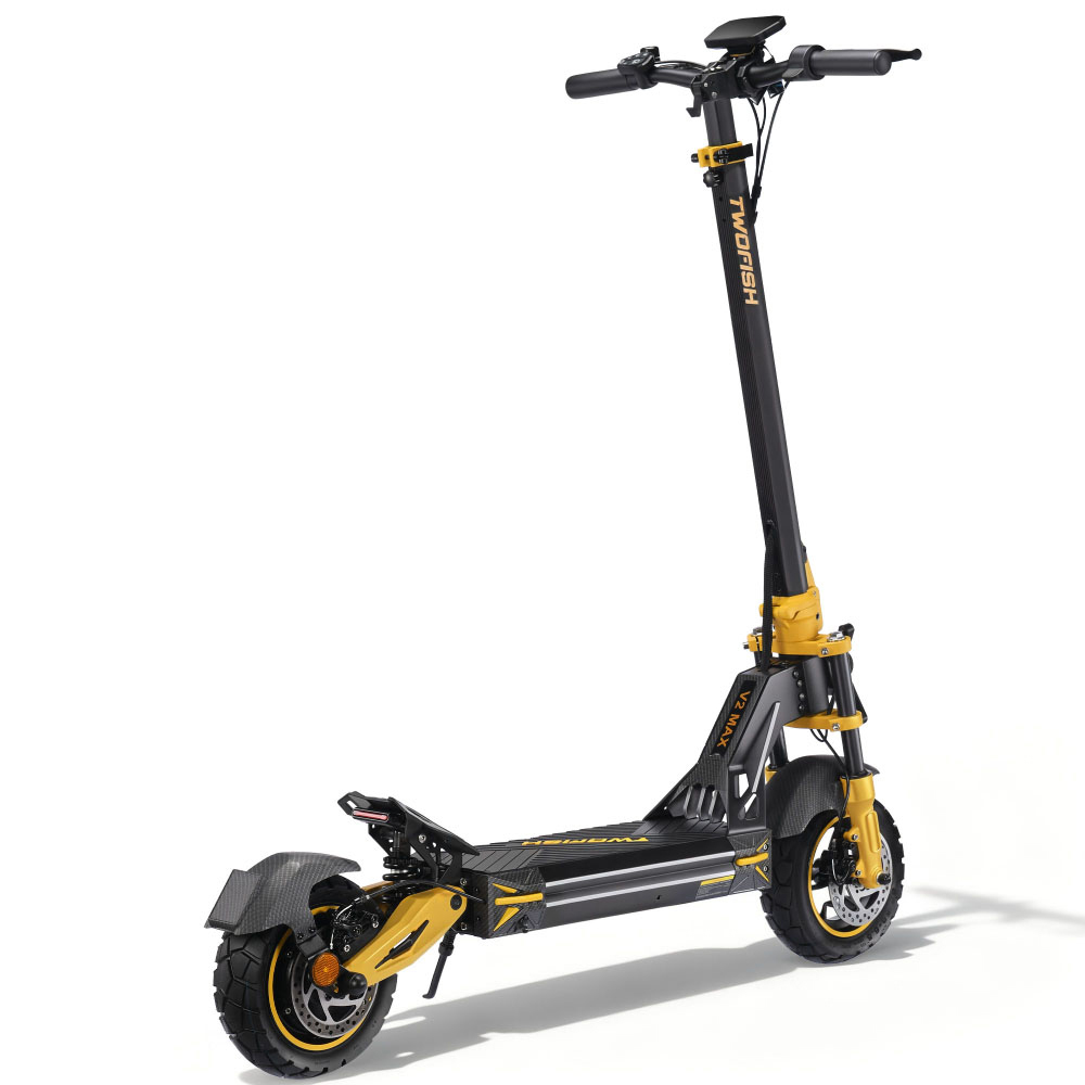 Monopattino elettrico nero e giallo con pneumatici spessi e sospensioni.