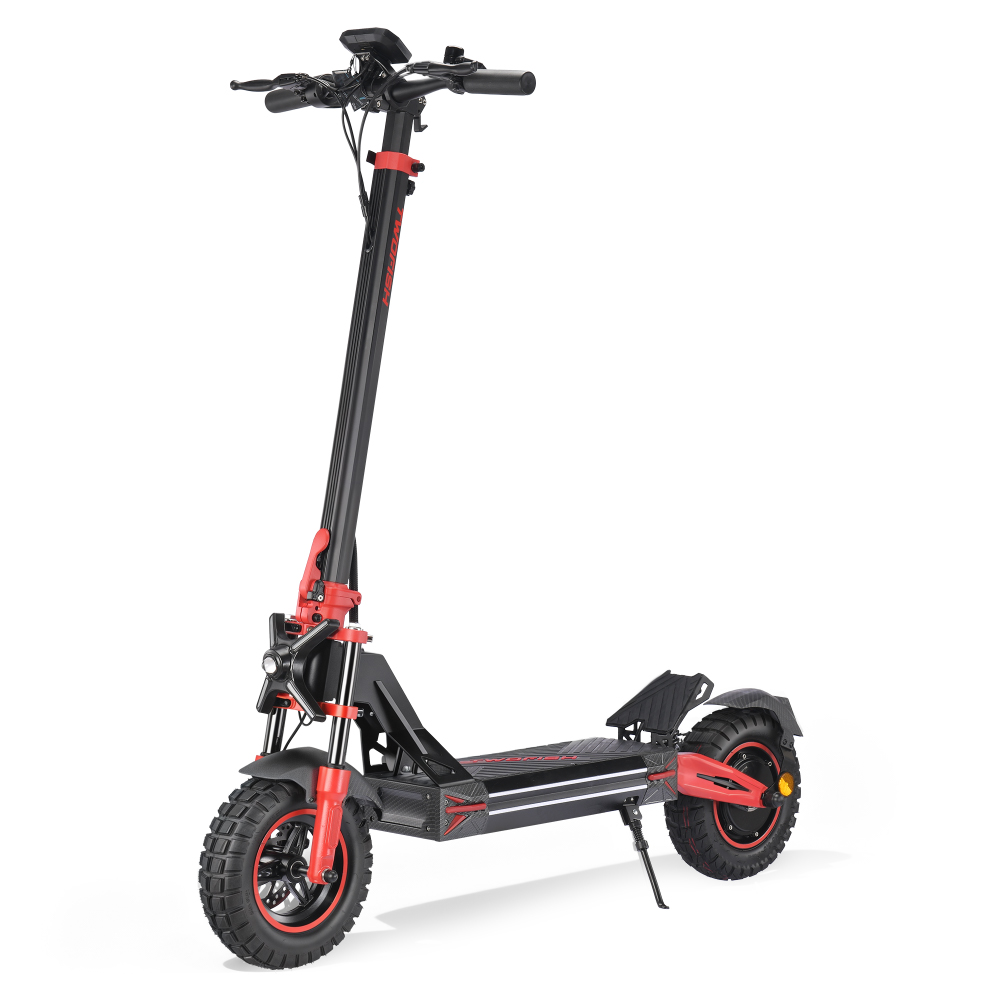 Uno scooter elettrico nero e rosso con ruote grandi e un display sul manubrio.
