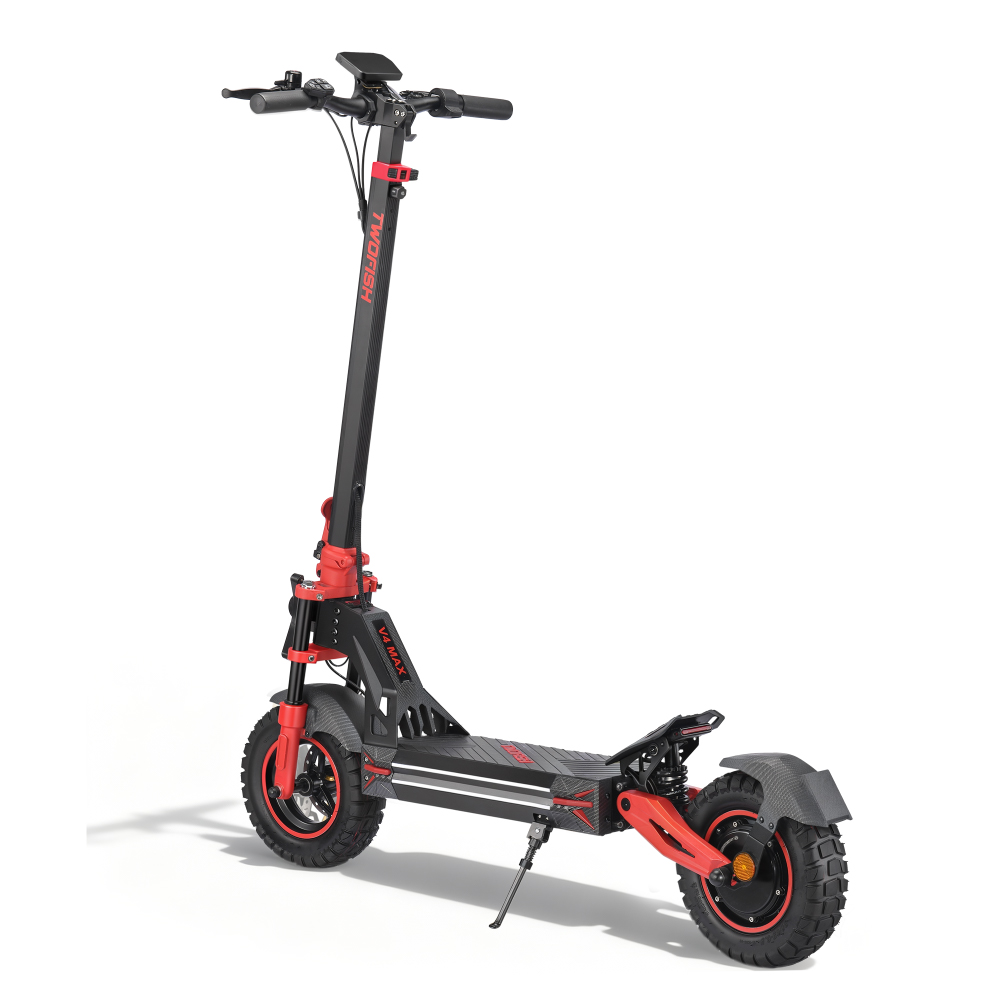 Uno scooter elettrico nero e rosso con pneumatici larghi e sospensioni, su sfondo bianco.