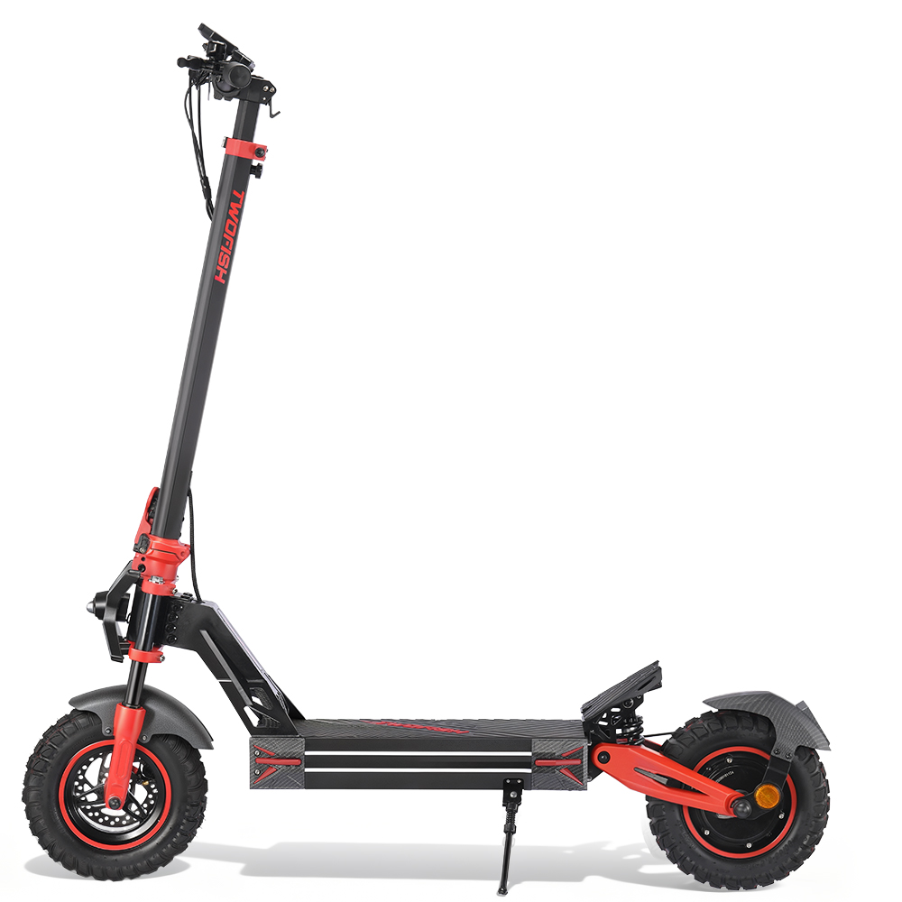 Monopattino elettrico nero con accenti rossi e manubrio grande.