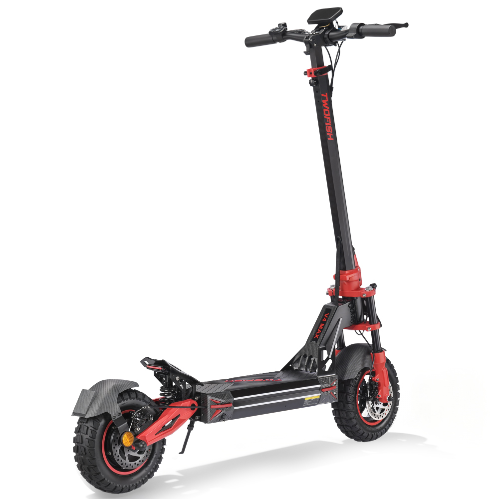 Uno scooter elettrico nero e rosso con pneumatici larghi e sospensioni.