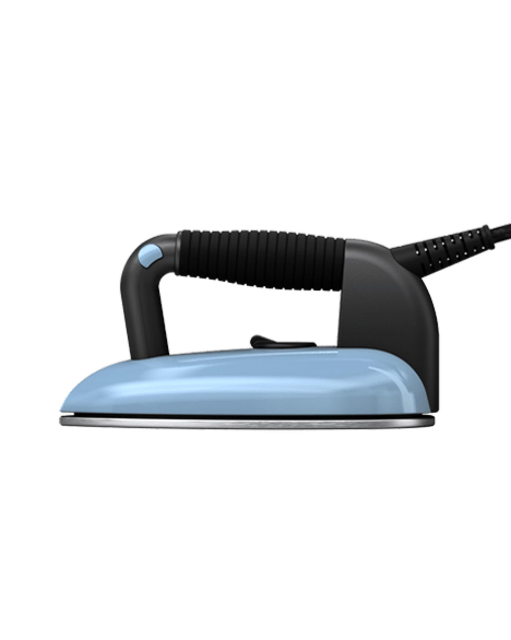 Ein hellblaues Bügeleisen mit schwarzem Griff und Kabel.