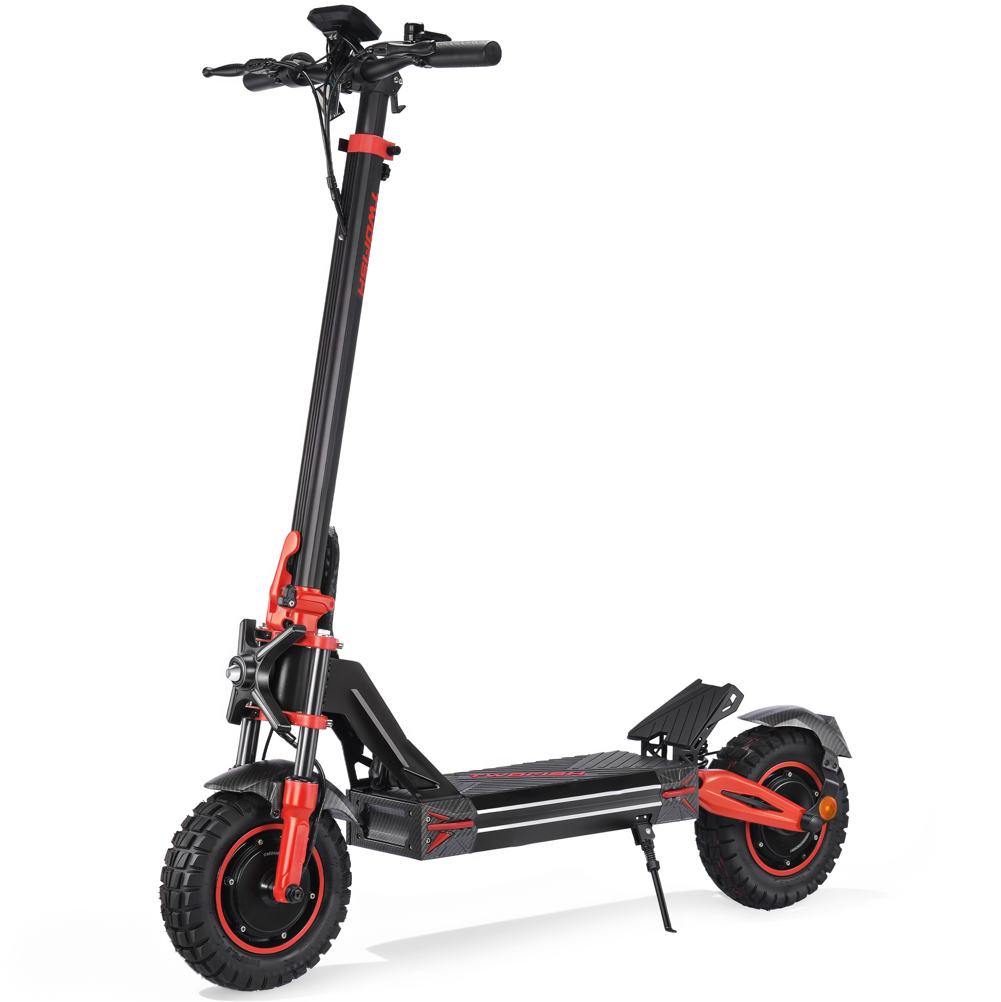 Monopattino elettrico nero con accenti rossi, pneumatici larghi e sospensioni.