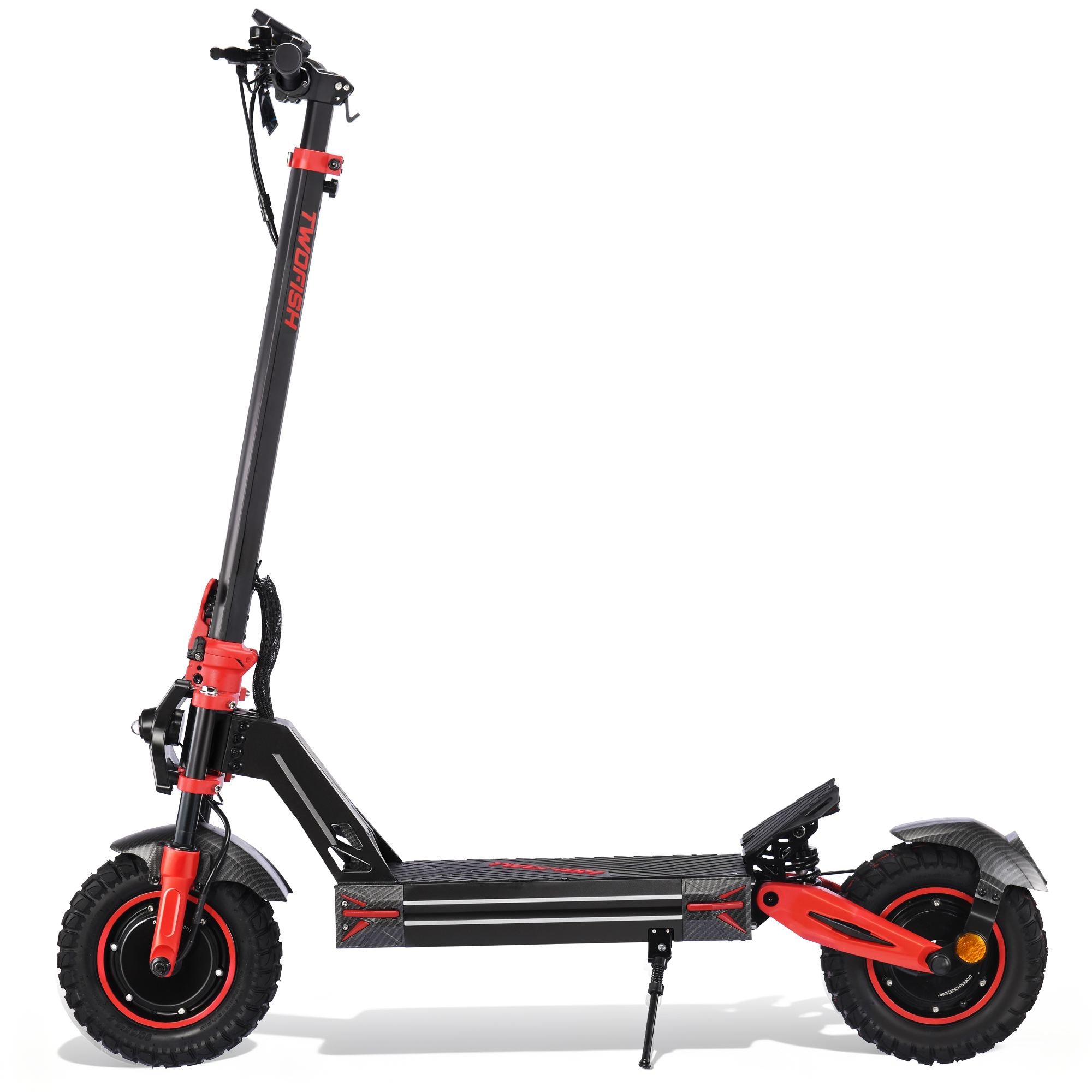 Monopattino elettrico nero con accenti rossi, pneumatici larghi e dettagli carbonio.