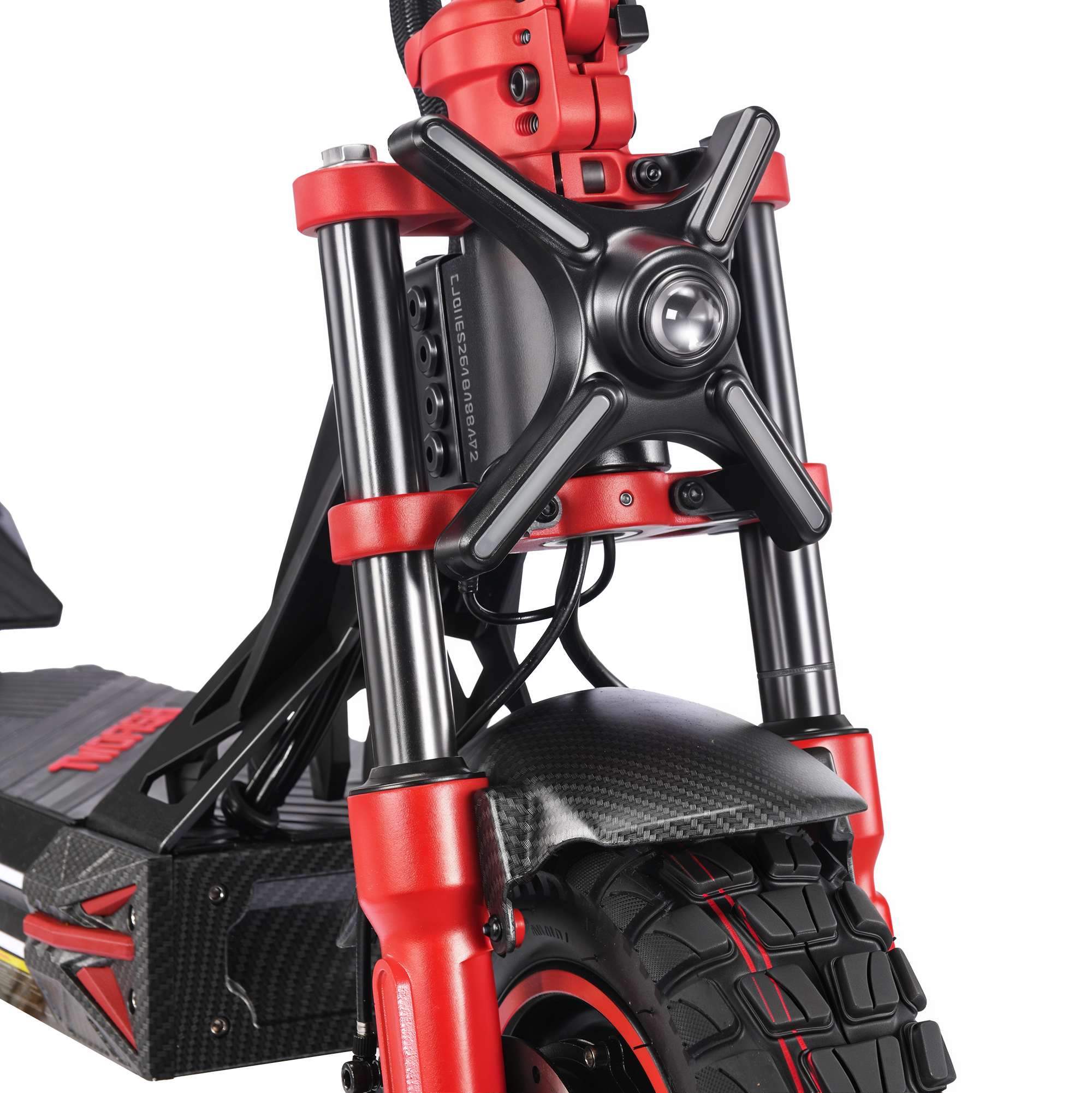 Monopattino elettrico rosso con parafango in carbonio nero e gomma.