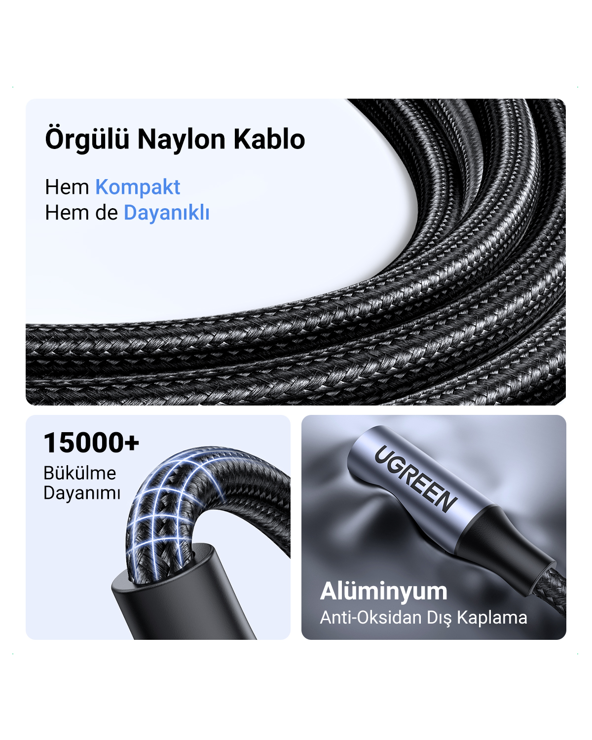 15000+ bükülme dayanımlı, örgülü naylon kablo, alüminyum dış kaplama.