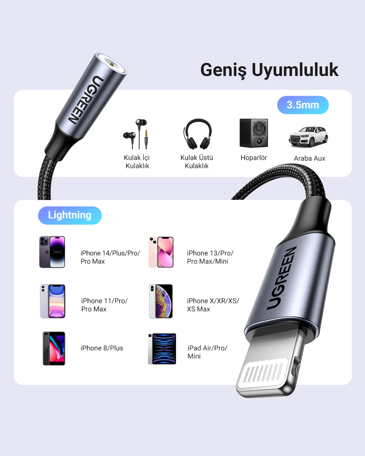 UGREEN kablosu, çeşitli Apple cihazları ve 3,5 mm adaptör için Lightning konnektörlü.