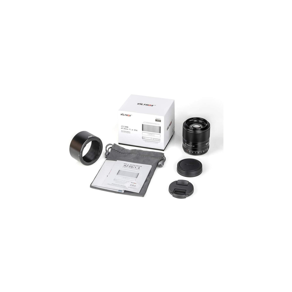 Kit obiettivo Viltrox AF 56mm f1.4 con scatola, paraluce, manuale e tappi su sfondo bianco.