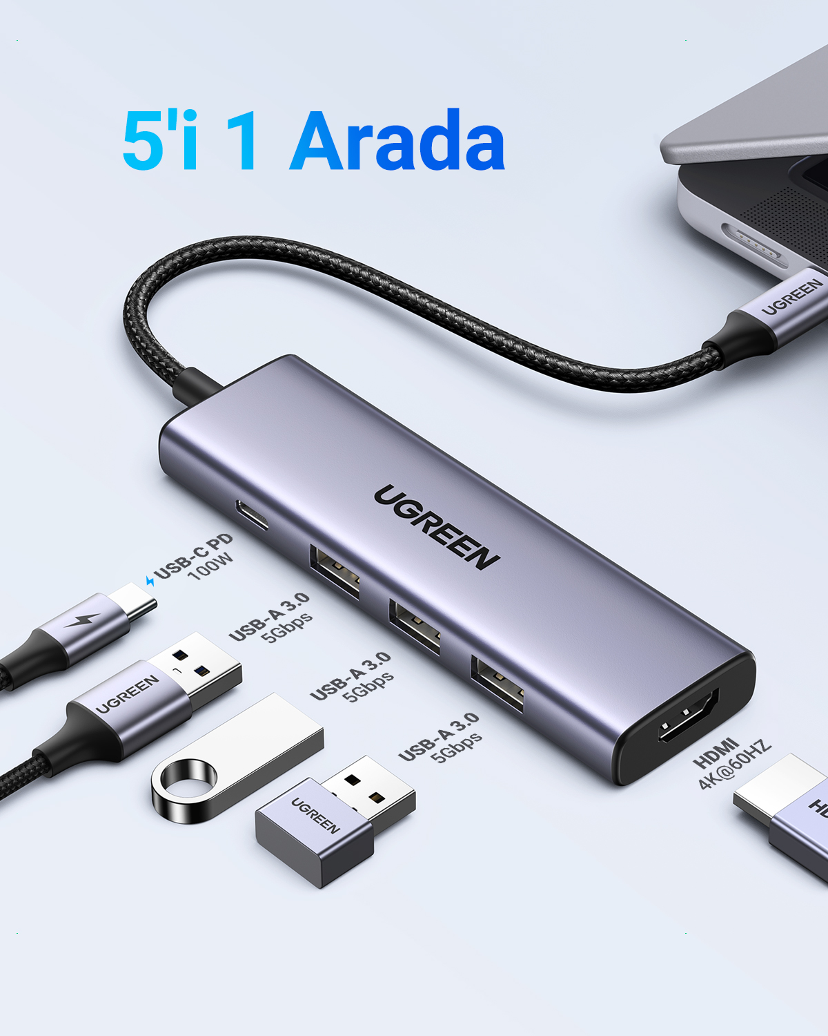 Gri USB-C hub, çoklu bağlantı noktasıyla dizüstü bilgisayara bağlı.