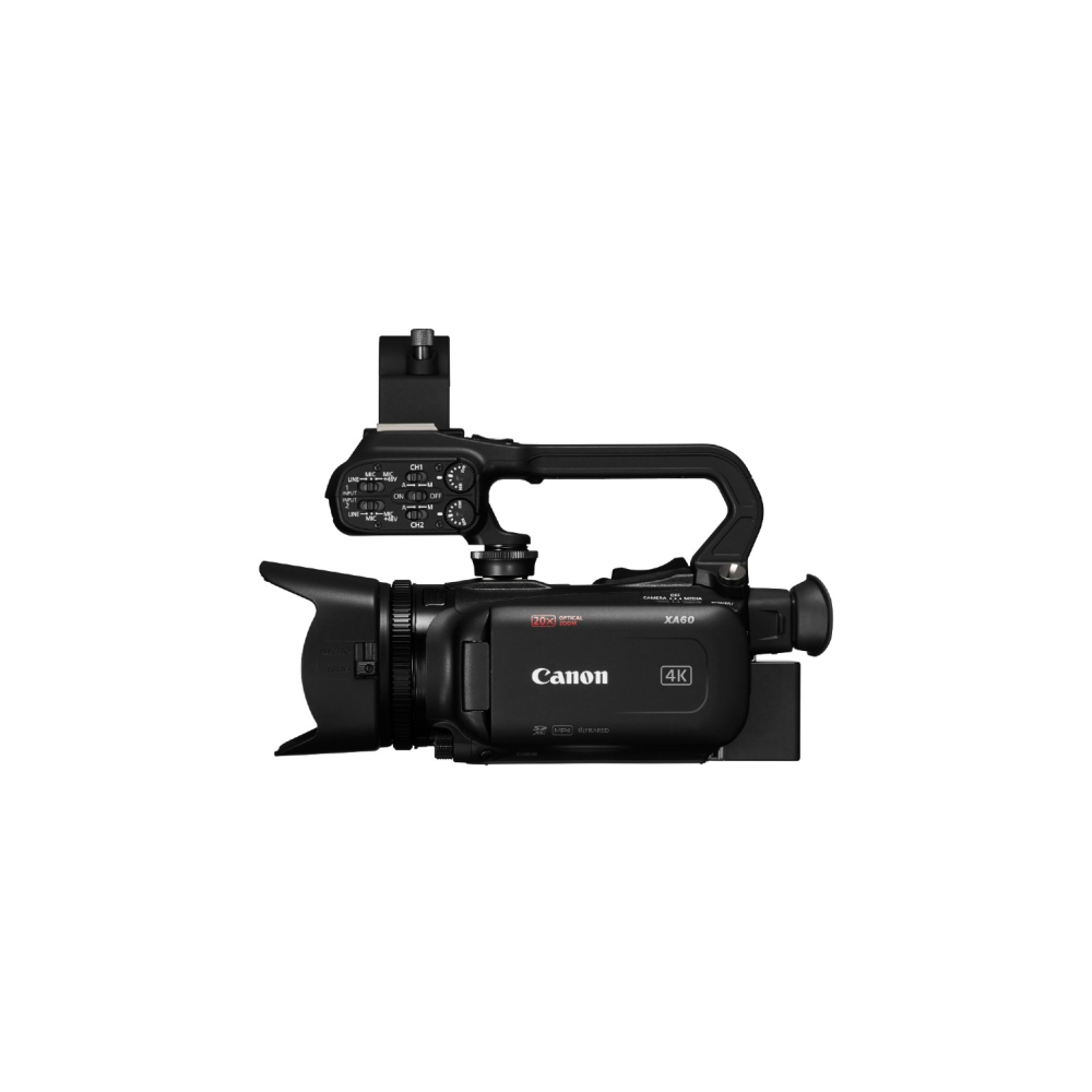 Zwarte Canon XA60 4K camcorder met handvat en microfoonhouder.