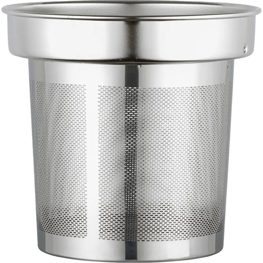 Pürüzsüz üst kenarlı, delikli gövdeli silindirik metal çay süzgeci.