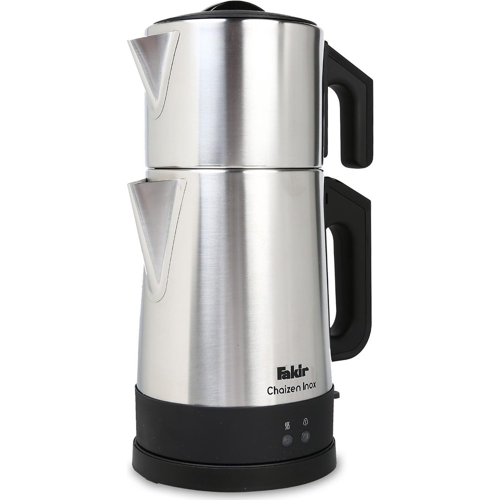 Siyah tabanlı, siyah kulplu, gümüş renkli, iki katlı çay makinesi.