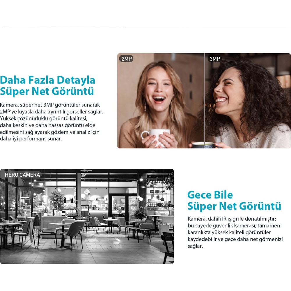 Two women laugh, one holds a cup. Below, a restaurant with tables and chairs.